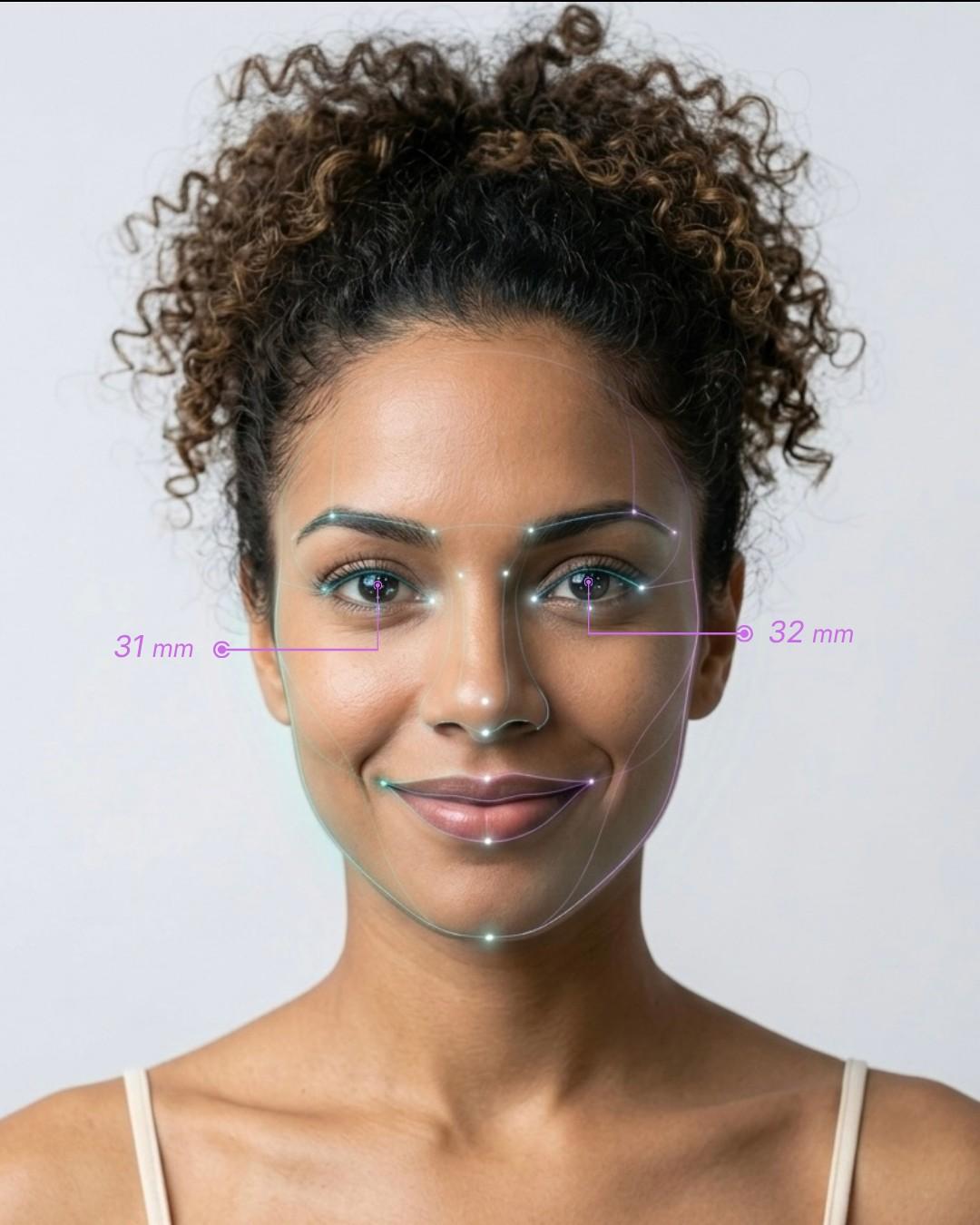 AR facial scan displaying two pupillary distance points measuring left and right eye separately