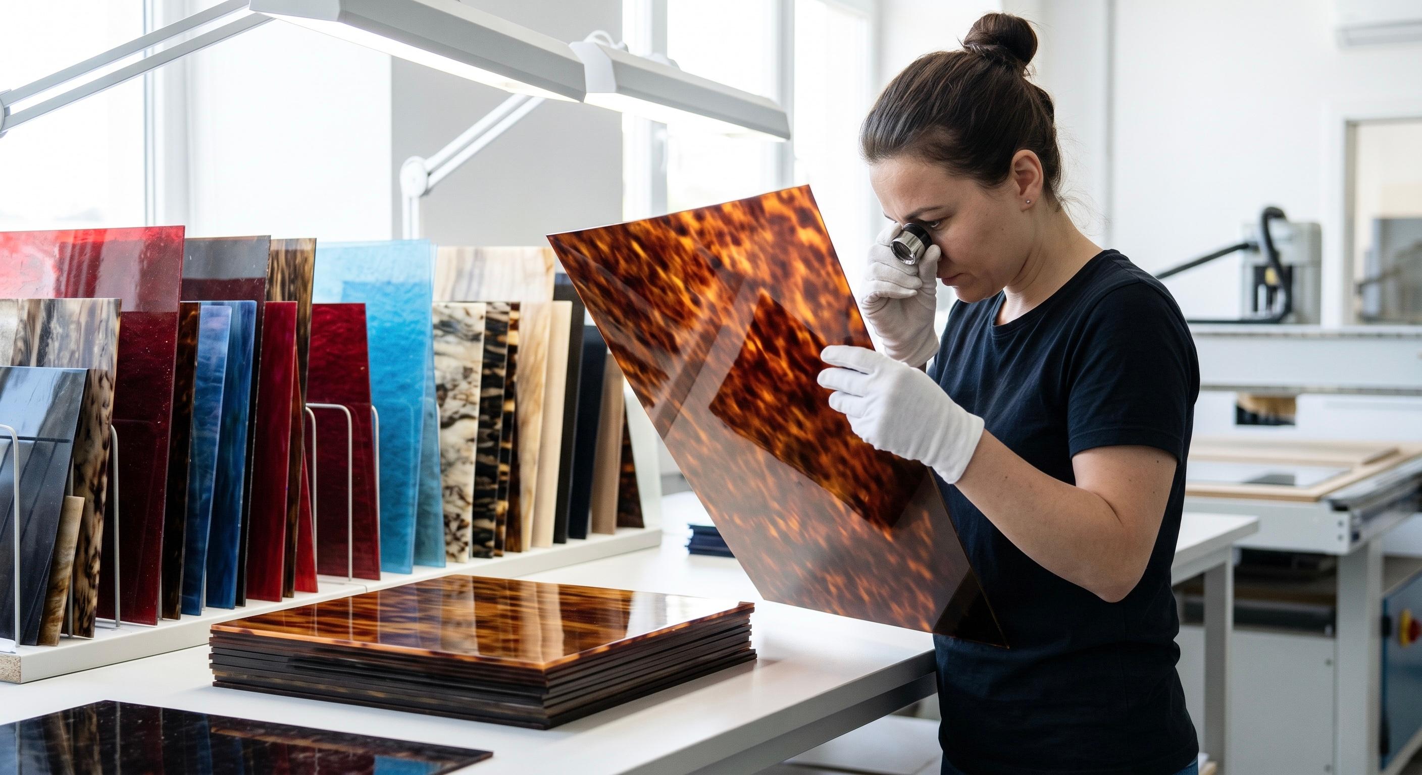 Acetate material selection process showing premium eyewear sheets being inspected before cutting.