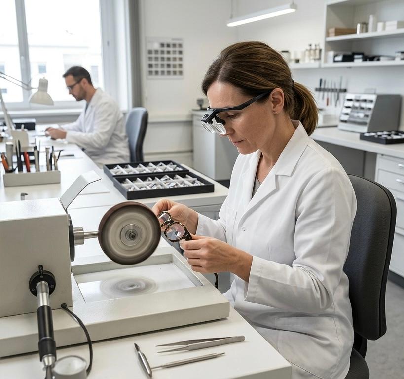 Technician at polishing wheel inspecting frame with loupe