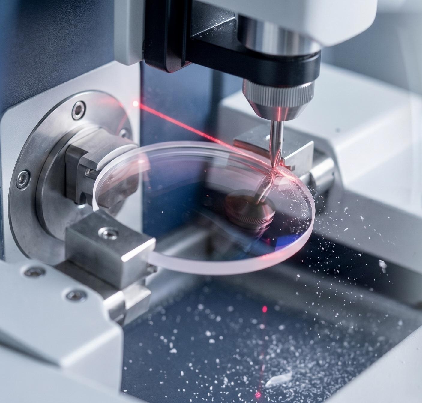 Lens being precision-cut on edging machine.